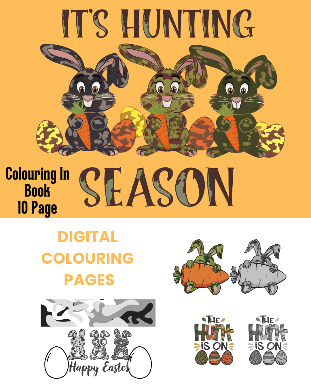 Easter Army Camo Bunny Digital Coloring Book 10 Pages