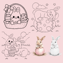 Little pink easter bunny digital coloring book 12 pages