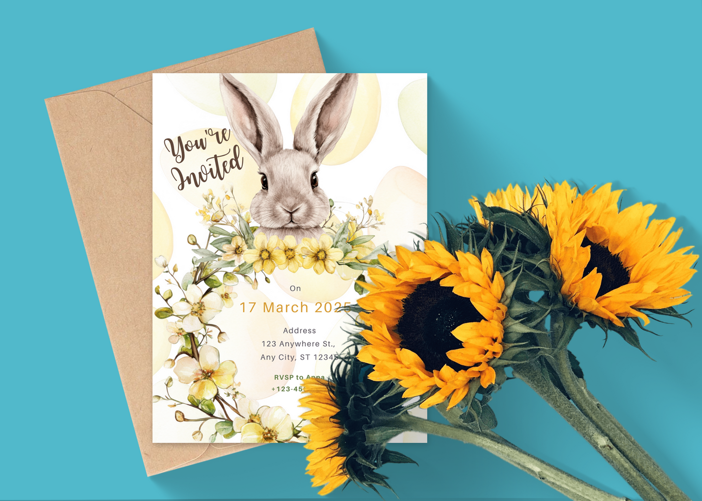 Yellow Floral Easter Bunny Customer Digital Invitations